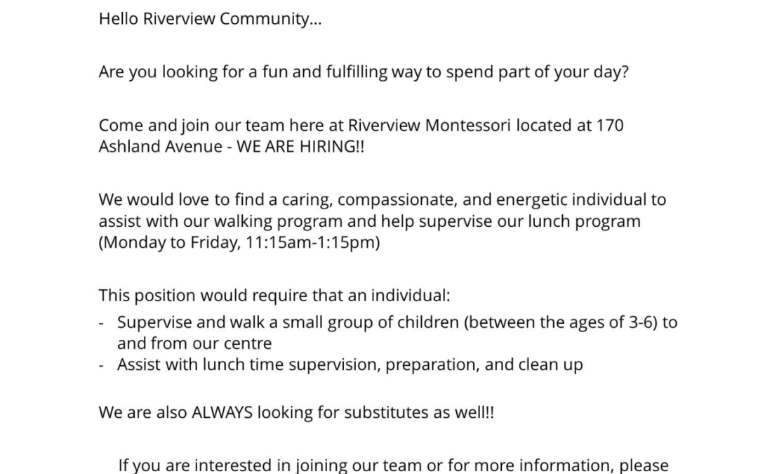 Riverview Montessori Hiring Lunch Program